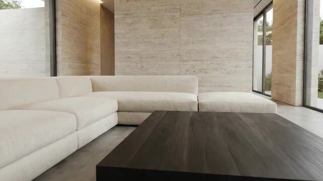 Minimalist living room featuring a comfortable l-shaped sofa and dark coffee table, complemented by natural stone walls and expansive floor-to-ceiling windows viewing a serene outdoor garden