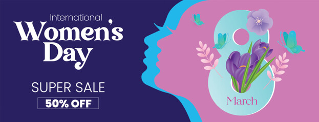 Fototapeta premium 8 March International Women’s Day Social Media Cover Banner with Floral Background Women Silhouette Vector Illustration Template for Website Header Promotional Advertising Design
