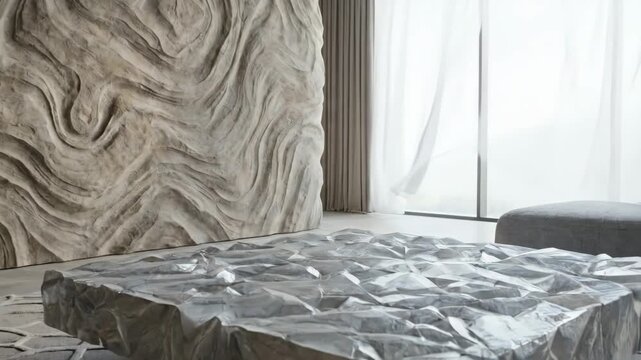 Modern living room interior featuring textured wall, unique metallic coffee table, and contemporary sofa with natural light streaming through large windows