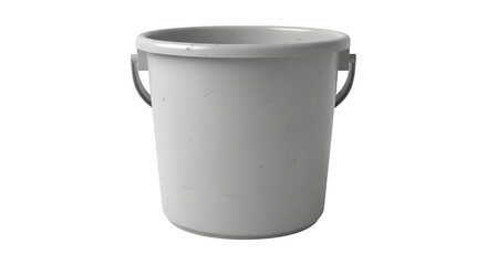 Gray Plastic Bucket with Handle, Slightly Scratched Texture, Isolated on White Background