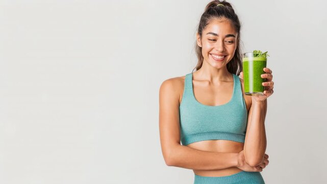 Woman drinking green juice for a healthy fitness lifestyle. This smoothie detox and sportswoman wellness scene shows a person enjoying a vegetable drink for energy and nutrition in 4k.