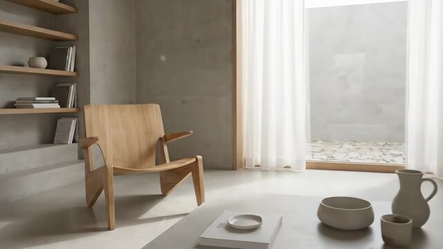 Modern minimalist living room featuring wooden chair and coffee table with decorative items, large window with sheer curtains allowing natural light to illuminate the space