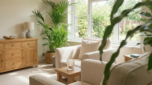 Bright living room with natural light showcasing a cozy seating area, wooden furniture, and lush green plants creating a serene atmosphere for relaxation and mindfulness