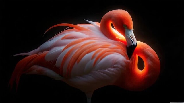 A striking image of a flamingo with vibrant orange and white plumage against a dark backdrop
