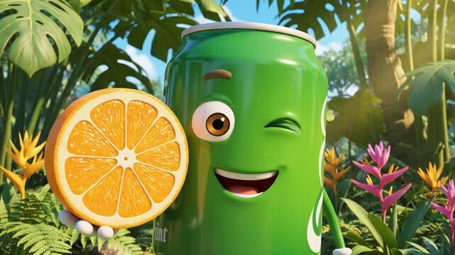 Happy green soda can character holding orange slice in tropical jungle