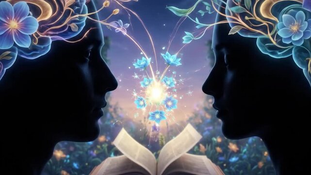 Silhouettes of two people face each other, their minds blooming with glowing flowers and neural networks, symbolizing mental connection and the growth of knowledge in a mystical library setting