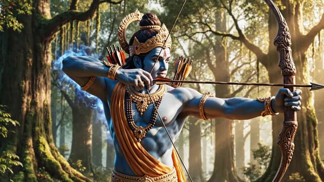 Lord Rama holding bow and arrow in a vibrant forest