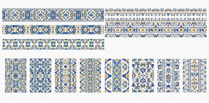 Set of seamless ornamental borders and patterns in blue, yellow, and green colors, inspired by traditional Moroccan and Islamic art.
