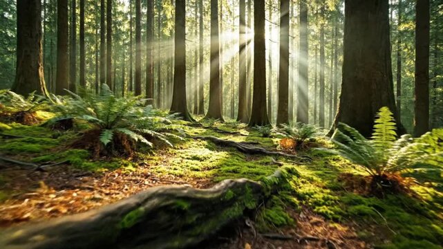 Sunlit forest scene with tall trees mossy ground ferns and a large tree root in the foreground