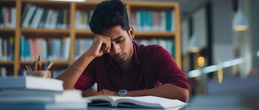 Indian student studying in library, exam preparation. education pressure, concentration, exams, and academic challenges.