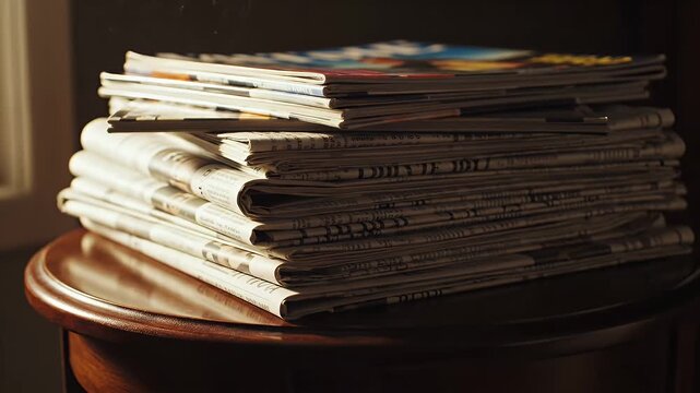 A tall stack of folded newspapers and magazines rests on a dark, round wooden table