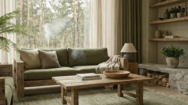 Cozy living room with green sofa and wooden furniture, featuring a large window with forest view, potted plants, and decorative items on shelves