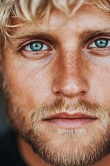 Fototapeta premium A man with blonde eyelashes and greyish skin gazes into the camera. His blue eyes stand out in the close-up shot, highlighting his features and beard