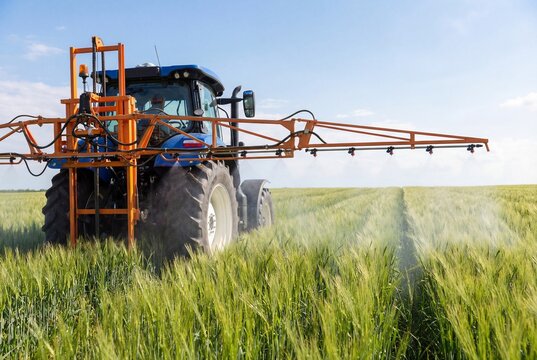 Tractor with sprayer attachment working in green field