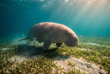 Majestic dugong swims gracefully over a seagrass bed in clear shallow coastal water with sun rays