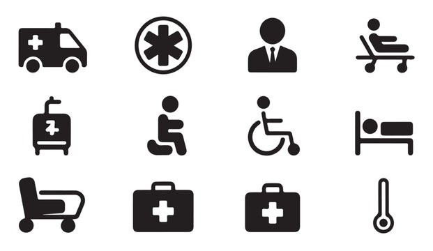 Healthcare assistance icons featuring ambulance paramedic stretcher patient bed and medical