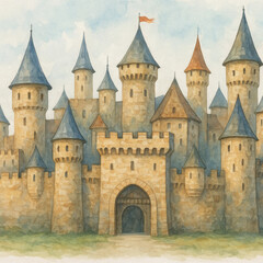 Fototapeta premium Watercolor illustration of medieval fairytale castle with multiple towers and turrets on soft blue sky background, fantasy storybook architecture