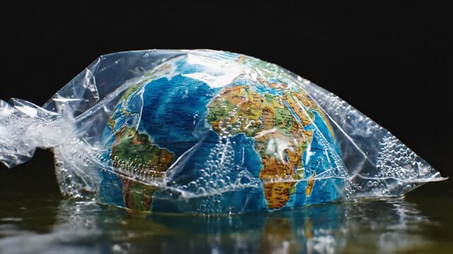 Earth globe in plastic bag submerged in water with bubbles