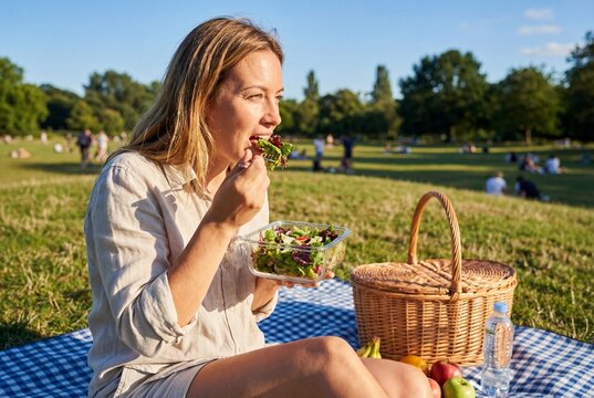 Woman eating healthy salad from plastic container at park picnic