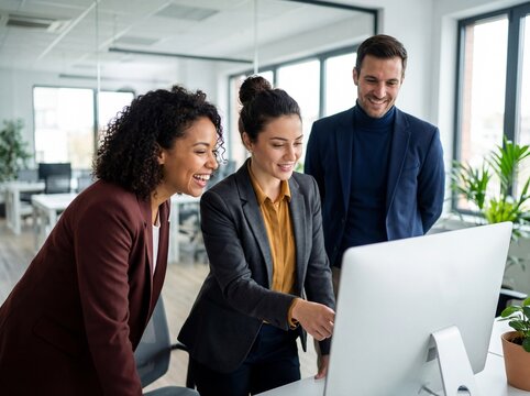 Happy diverse colleagues collaborating and pointing at computer monitor in bright modern office space