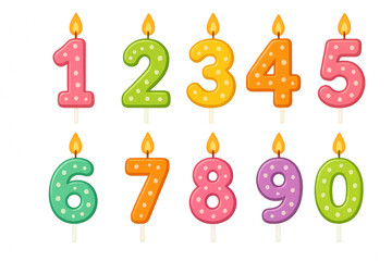 Colorful birthday candle numbers from zero to nine with flames on transparent background, festive celebration clipart set for party decoration
