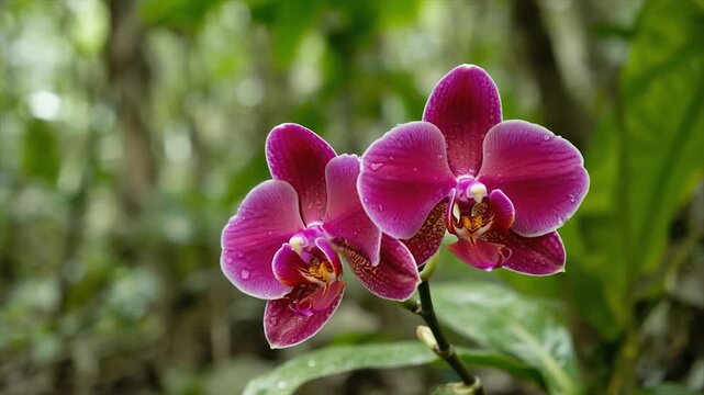 Two vibrant, magenta orchids with white edges and water droplets, set against blurred foliage