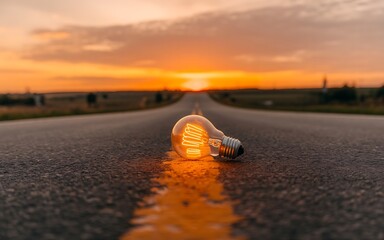 Incandescent Light Bulb Lying on Asphalt Road During Sunset with Glowing Filament