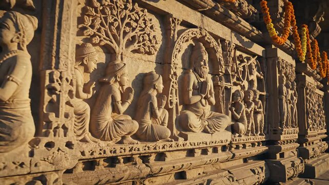 Ancient Stone Carving Depicting Traditional Indian Mythology Figures in Warm Sunlight