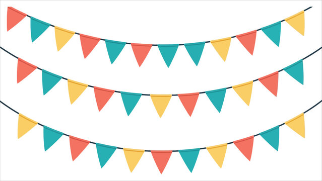 Flat Vector Bunting Flags Banner in Teal, Coral and Yellow on White Background.