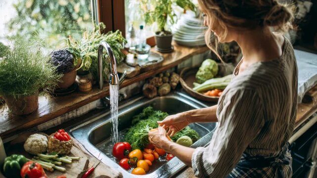Woman washing fresh vegetables in a kitchen sink for healthy food. This organic nutrition and hygiene scene shows a person preparing carrots and greens for a nutritious home-cooked meal.