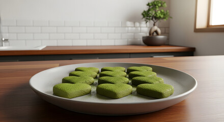 Green Matcha Mochi on White Plate in Modern Kitchen