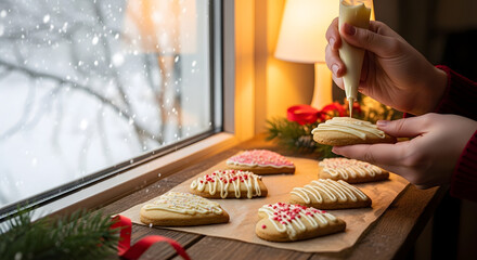 Hands Decorating Christmas Cookies on Wooden Table by Window