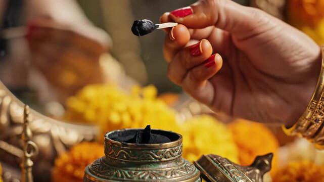 Close Up Of A Woman Applying Kajal With A Wooden Stick From A Vintage Metal Container Amidst Yellow Marigolds And Brass Ornaments Warm Lighting Shallow Depth of Field