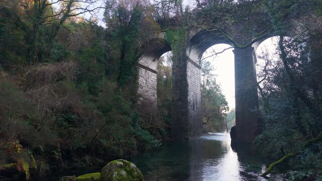 Ponte Pe&oacute;n Aqueduct During Sunrise In San Crimenso, Galicia, Spain. Aerial Shot