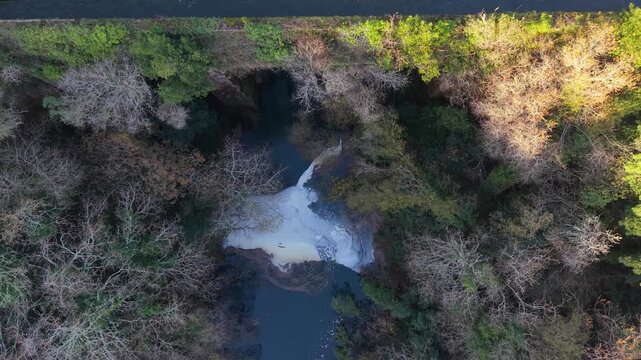 Santa Uxia Reservoir Along Ponte Pe&oacute;n Aqueduct In San Crimenso, Galicia, Spain. Aerial Shot
