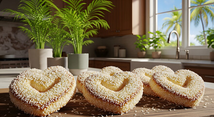 Heart-Shaped Donuts with Sprinkles on Kitchen Counter in Tropical Setting