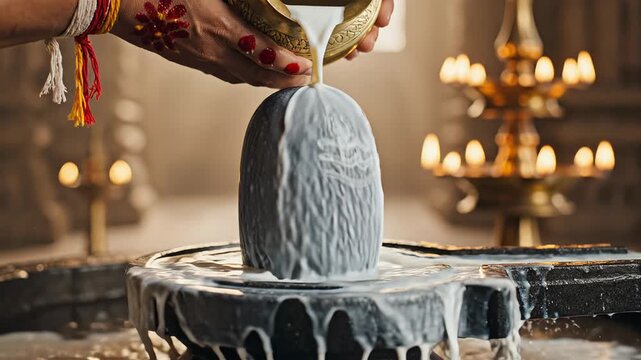 Devotee Pours Milk Onto Shiva Lingam In Sacred Ritual With Incense Burning In The Background Soft Warm Lighting Detailed CloseUp Religious Ceremony
