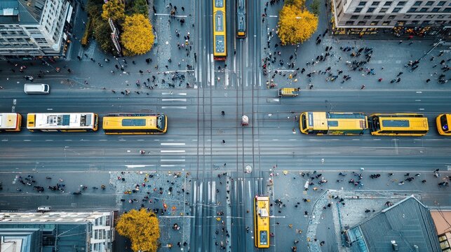 Aerial View of City Intersection with Buses.