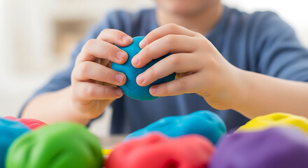 Fototapeta premium Creative Children's Hands Playing with Colorful Modeling Clay, Developing Fine Motor Skills