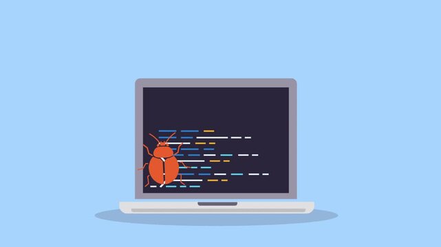 Laptop displaying programming code with bug symbol, representing software error detection, debugging process, and coding problem in development environment.
