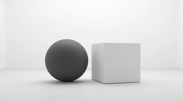 Minimalist 3D Rendering: Gray Sphere and White Cube in a Seamless White Studio