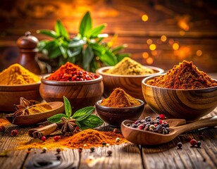 Fototapeta premium Vibrant spices from Indonesia scattered on a rustic wooden table with bowls