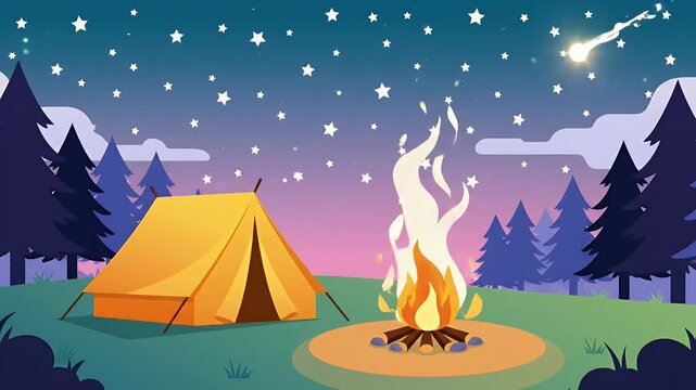 Camping tent with campfire under starry night sky in forest