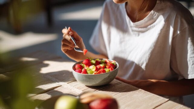 Woman eating fresh fruit salad for a healthy lifestyle. This strawberry and kiwi nutrition wellness scene shows a person enjoying a bowl of organic fruit for a balanced diet.