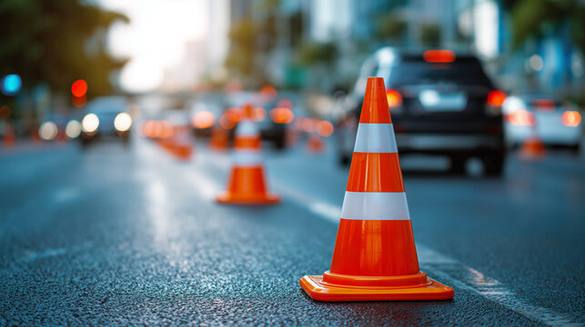 Traffic safety cone on urban road with cars during city street roadwork and lane closure