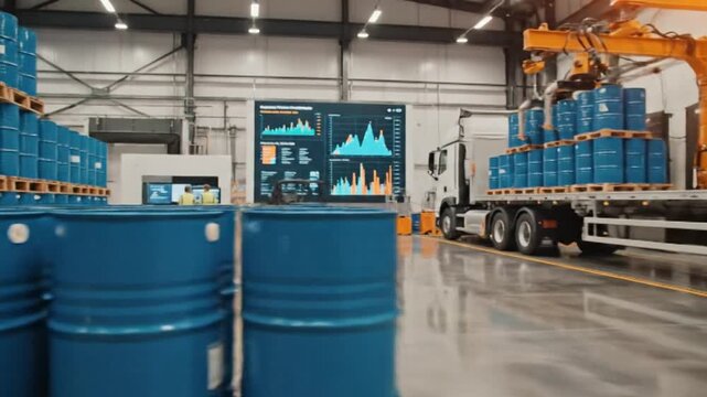 Warehouse workers in reflective vests and hard hats inspect stacks of blue metal barrels, monitoring data on screens in a modern industrial facility.