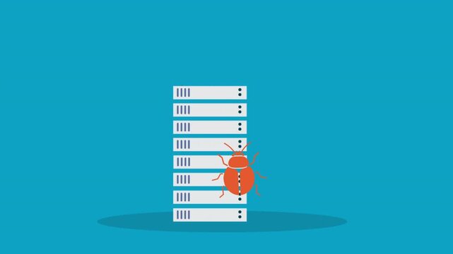 Server database stack with bug symbol, representing system error detection, database failure, and software debugging in digital infrastructure.
