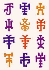 Obraz premium Abstract vector illustration featuring a grid of hand-drawn ethnic symbols and ancient-looking glyphs with a textured brushstroke effect