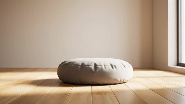 Minimalist room with round cushion on wooden floor, natural light from window