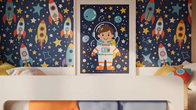 Whimsical space-themed bunk bed room for kids with rocket and astronaut wallpaper